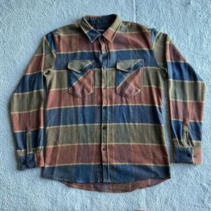 Brixton Flannel Button Up Mens Large Brown Stripe Plaid Casual Skater Acrylic